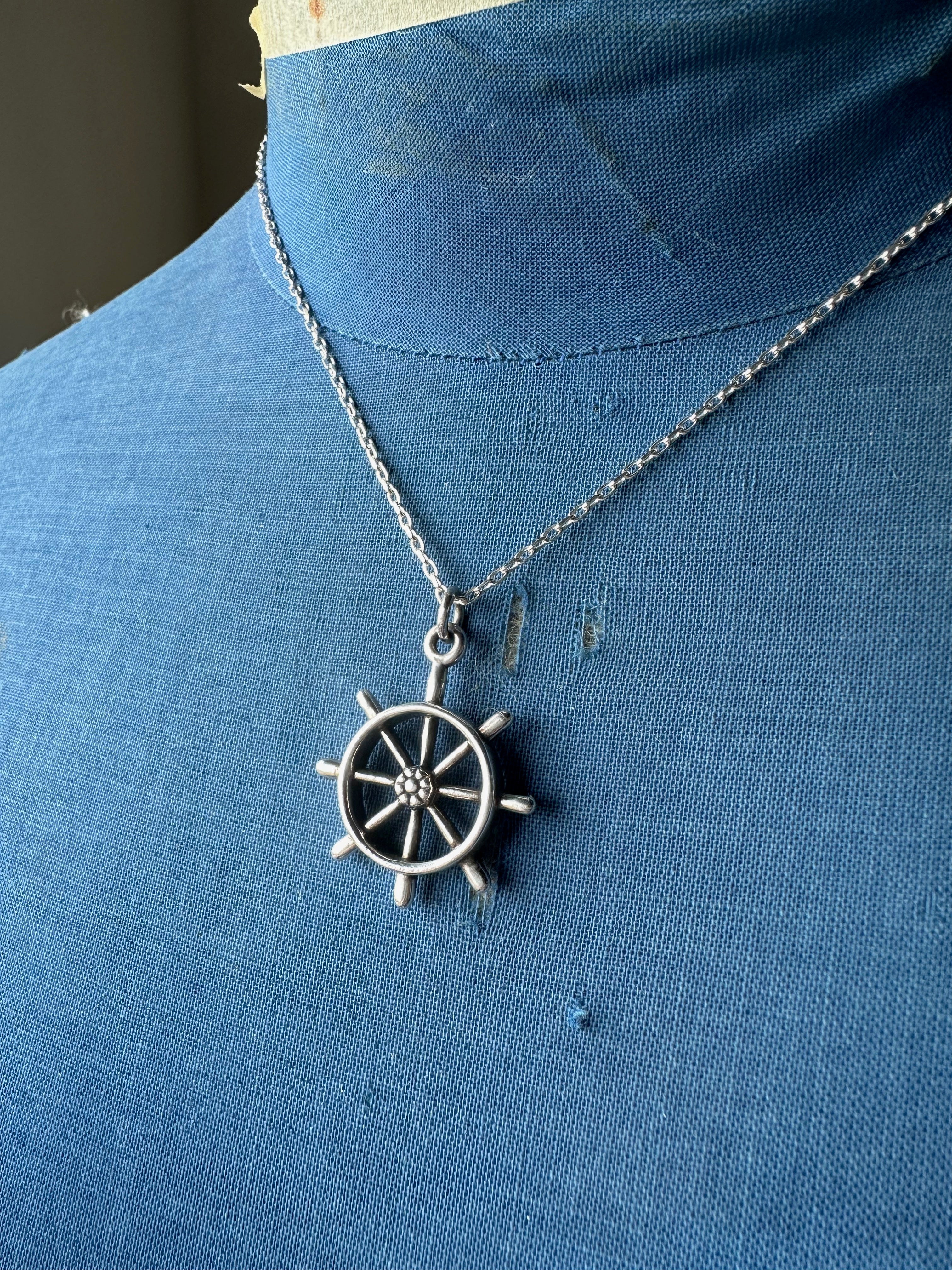 Vintage  Silver Ships Wheel Pendant Necklace
